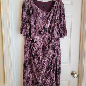 Connected Apparel 20W drape neck dress with draped skirt in purple snake print